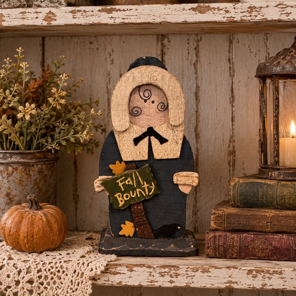 Vintage 2000 Tender Heart Treasures Wood Pilgrim Figurine Fall Bounty Decor 11in